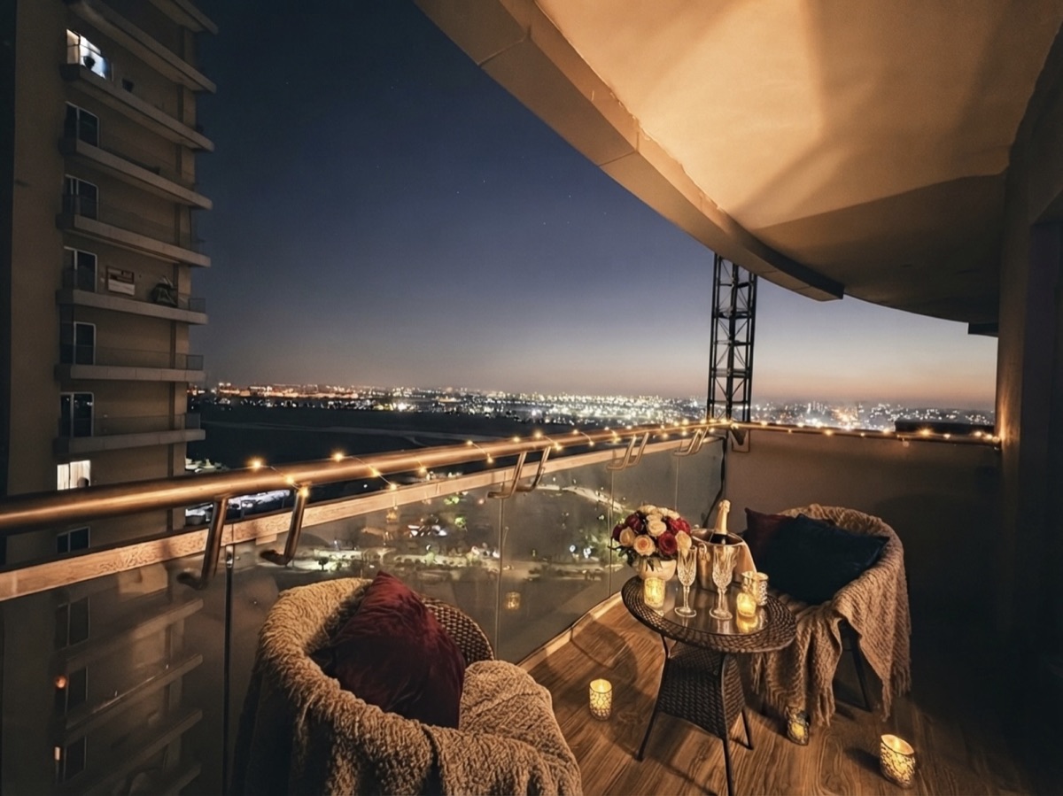 High-floor balcony at night overlooking the city lights